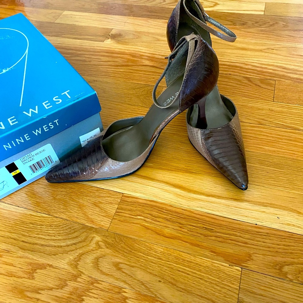 Brand new Nine West snake skin brown and tan pump with ankle strap..